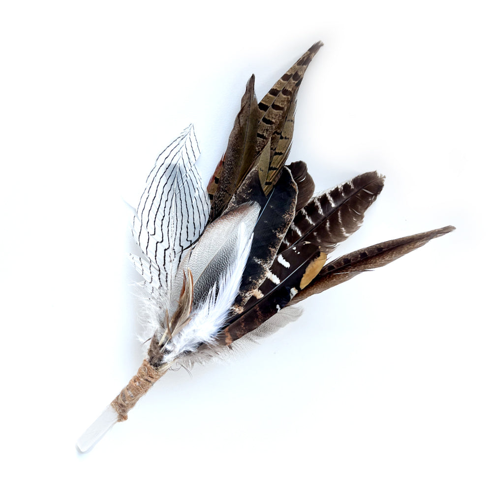 Shamanic feather fan with selenite crystal, perfect for enhancing smudging ceremonies, clearing negative energy, and promoting spiritual healing