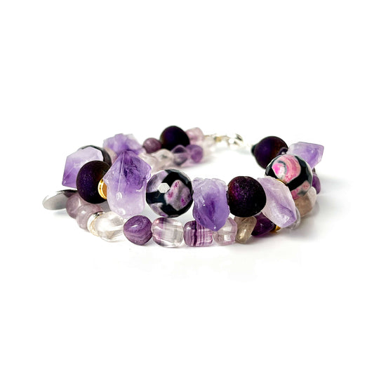 Bracelet of 2 rows Amethyst, Agate Mix & Rose Quartz