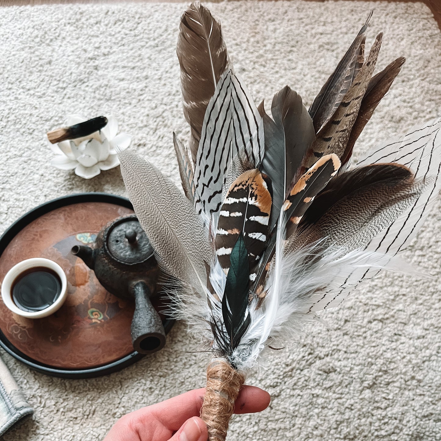 Shamanic Feather Fan with Selenite for Smudging, Ceremony, Cleansing, Rituals