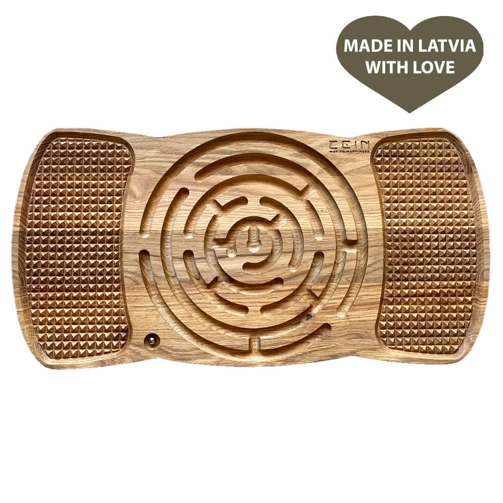 Neuro Balance Board ‘Sacred Labyrinth’ made of oak wood, eco-friendly and hand-finished, designed to improve balance and stimulate foot reflexology for adults and children.